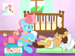 Size: 1600x1200 | Tagged: safe, artist:fillyscoots42, cup cake, oc, earth pony, pony, g4, changing mat, crib, cute, diaper, diaper change, diaper fetish, diaper usage, diapered, female, male, non-baby in diaper, pissing, soaked diaper, urine, used diaper, wet, wet diaper, wetting diaper, white diaper