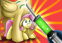 Size: 1000x689 | Tagged: dead source, safe, artist:xioade, fluttershy, oc, oc:fluttershy's mom, g4, filly, mother, scared, syringe, trypanophobia