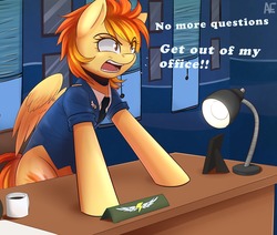 Size: 1280x1086 | Tagged: safe, artist:spittfireart, spitfire, pegasus, pony, g4, angry, clothes, coffee, desk, desk lamp, female, hooves on the table, lamp, mare, mug, necktie, solo, spitfire's office, uniform, wonderbolts dress uniform