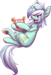 Size: 500x732 | Tagged: safe, artist:fizzy-dog, lyra heartstrings, pony, unicorn, g4, chest fluff, female, horseshoes, lyre, mare, simple background, smiling, solo, transparent background