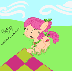 Size: 1082x1074 | Tagged: safe, artist:bethiebo, apple rose, earth pony, pony, g4, 30 minute art challenge, eyes closed, lying down, mouth hold, picnic, prone, quilt, young apple rose, younger