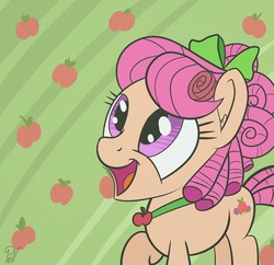 Size: 1280x1240 | Tagged: safe, artist:pirill, apple rose, earth pony, pony, g4, 30 minute art challenge, apple, female, food, open mouth, solo, young apple rose, younger