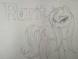 Size: 800x600 | Tagged: safe, artist:spyrod, rarity, pony, unicorn, g4, alternate hairstyle, female, grayscale, mare, monochrome, raised hoof, simple background, sketch, smiling, solo, text, traditional art, white background