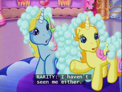 Size: 640x480 | Tagged: safe, screencap, brights brightly, rarity (g3), whistle wishes, pony, unicorn, g3, the runaway rainbow, :o, adorable face, adorabrights, bubble, castle, covering, crystal rainbow castle, cute, female, g3 raribetes, g3 whistlebetes, hiding, hiding face, indoors, mare, o, o mouth, open mouth, raised arm, raised hoof, raised leg, rug, subtitles, trio, unicornia
