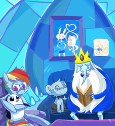 Size: 1410x1550 | Tagged: safe, artist:luna77899, rainbow dash, bird, cat, dog, human, pegasus, penguin, pony, shinx, g4, adventure time, blue, book, cake the cat, couch, crossover, finn the human, fionna the human, gunther, ice king, jake the dog, male, painting, paper, pokémon, reading, rule 63