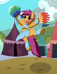 Size: 2550x3300 | Tagged: safe, artist:fetchbeer, scootaloo, pegasus, pony, g4, cheerleader, clothes, costume, customized toy, female, jumping, midriff, panties, skirt, solo, underwear, upskirt, white underwear