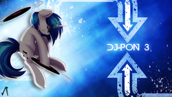 Size: 1920x1080 | Tagged: safe, artist:justaninnocentpony, artist:spittfireart, dj pon-3, vinyl scratch, pony, unicorn, g4, cutie mark, female, hooves, horn, mare, record, smiling, solo, sunglasses, teeth, text, vector, wallpaper