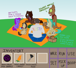 Size: 1186x1058 | Tagged: safe, artist:mightyshockwave, oc, oc only, oc:renne crux, oc:rusty, oc:saffron, adventure game, boop, comedian quest, faceless jr, facelessjr, female diamond dog, lk, mlpg, picnic, point and click, pony quest, puffs, puffs quest, quest, raisin, raisin quest, renne quest, roleplaying, rusty quest, scrubbing bubbles, windbreaker