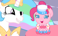 Size: 5760x3600 | Tagged: safe, artist:beavernator, pinkie pie, princess celestia, pony, g4, season 1, the best night ever, absurd resolution, baby, baby pie, baby pony, beavernator is trying to murder us, clothes, cute, cutelestia, diapinkes, dress, foal, gala dress, hat, hnnng, smiling, sweet dreams fuel, vector