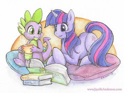 Size: 716x537 | Tagged: safe, artist:jayelle-anderson, spike, twilight sparkle, g4, book, cup, drink, pillow, reading, traditional art