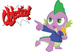 Size: 900x631 | Tagged: safe, peewee, spike, phoenix, g4, ace attorney, clothes, law, objection, parody, pointing, simple background, suit, transparent background