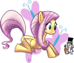 Size: 601x515 | Tagged: safe, artist:phantosanucca, angel bunny, fluttershy, g4, anatomically incorrect, carrot, female, hat, incorrect leg anatomy, mare, monocle, simple background, top hat, transparent background