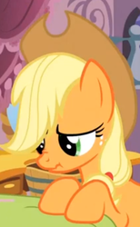 Size: 418x678 | Tagged: safe, applejack, g4, scrunchy face, what my cutie mark is telling me