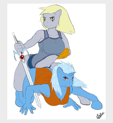 Size: 1554x1687 | Tagged: safe, artist:remenbrand, derpy hooves, trixie, anthro, g4, parody, sword, sword of omens, thundercats, weapon