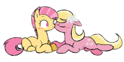Size: 1400x700 | Tagged: safe, artist:selective-yellow, candy mane, lily, lily valley, earth pony, pony, g4, background pony, blushing, candyvalley, cheek kiss, duo, female, flower, flower in hair, kissing, lesbian, lily (flower), mare, prone, shipping, simple background, transparent background
