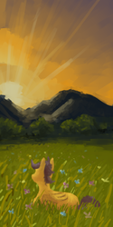 Size: 600x1200 | Tagged: dead source, safe, artist:celestiawept, scootaloo, pegasus, pony, g4, flower field, grass, grass field, looking away, looking up, mountain, prone, sunset