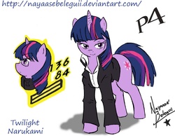 Size: 1032x815 | Tagged: safe, artist:nayaasebeleguii, twilight sparkle, g4, clothes, glasses, jacket, persona, persona 4, simple background, solo, white background