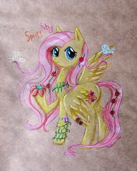 Size: 900x1120 | Tagged: safe, artist:0okami-0ni, fluttershy, butterfly, g4, flower, spring, traditional art