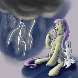 Size: 1000x1000 | Tagged: safe, artist:popprocks, angel bunny, fluttershy, g4, crying, lightning, storm