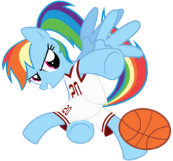 Size: 7000x6500 | Tagged: safe, artist:caliazian, rainbow dash, pegasus, pony, g4, .ai available, absurd resolution, ball, basketball, clothes, female, jersey, mare, ponytail, simple background, solo, sports, transparent background, underhoof, uniform, vector