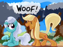 Size: 1260x945 | Tagged: safe, artist:epulson, applejack, screw loose, earth pony, pony, g4, behaving like a dog, duo, duo female, female, loose hair, woof