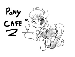 Size: 937x708 | Tagged: dead source, safe, artist:freedomthai, octavia melody, earth pony, pony, g4, clothes, female, looking at you, maid, monochrome, one eye closed, simple background, solo, waitress, wink