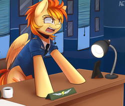 Size: 1650x1400 | Tagged: safe, alternate version, artist:spittfireart, spitfire, pegasus, pony, g4, angry, clothes, coffee, desk, desk lamp, female, hooves on the table, lamp, mare, mug, solo, spitfire's office, uniform, wonderbolts dress uniform