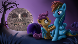 Size: 900x508 | Tagged: safe, artist:j-mpn, edit, rainbow dash, scootaloo, g4, moon, termina's moon, the legend of zelda, the legend of zelda: majora's mask