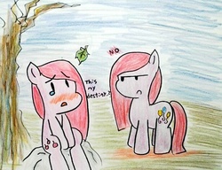 Size: 616x474 | Tagged: safe, artist:danadyu, pinkie pie, ask littlepinkamena, g4, apple, cutie mark, duality, pinkamena diane pie, traditional art