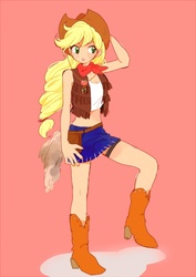 Size: 550x777 | Tagged: safe, artist:aco, applejack, human, g4, boots, clothes, female, humanized, pixiv, skirt, solo, vest