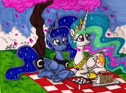 Size: 1560x1156 | Tagged: safe, artist:newyorkx3, princess celestia, princess luna, g4, cherry blossoms, food, grass, onigiri, picnic, sandwich, spring, sushi, traditional art, tree