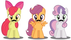 Size: 1280x720 | Tagged: safe, artist:razorsharpfang, apple bloom, scootaloo, sweetie belle, g4, cutie mark crusaders, moustache, simple background, vector, white background