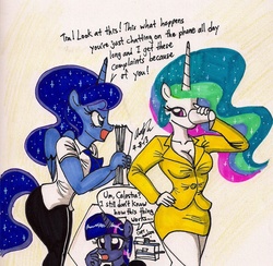 Size: 1391x1358 | Tagged: safe, artist:newyorkx3, princess celestia, princess luna, twilight sparkle, anthro, g4, cleavage, clothes, female, photocopier, suit, traditional art