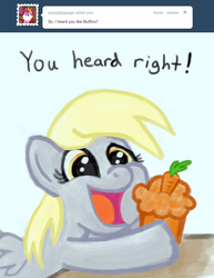 Size: 770x1000 | Tagged: safe, derpy hooves, pegasus, pony, ask a mailmare, g4, ask, carrot, female, mare, muffin, tumblr