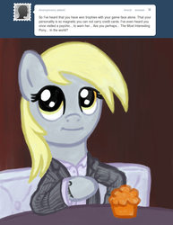 Size: 770x1000 | Tagged: safe, derpy hooves, pegasus, pony, ask a mailmare, g4, ask, clothes, female, mare, muffin, suit, the most interesting man in the world, tumblr