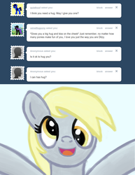 Size: 770x1000 | Tagged: safe, derpy hooves, pegasus, pony, ask a mailmare, g4, ask, female, hug, mare, tumblr