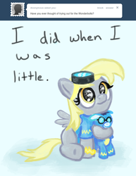Size: 770x1000 | Tagged: safe, derpy hooves, soarin', pegasus, pony, ask a mailmare, g4, ask, filly, goggles, plushie, tumblr, wonderbolts, wonderbolts uniform, younger