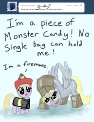 Size: 770x1000 | Tagged: safe, derpy hooves, dinky hooves, pegasus, pony, ask a mailmare, g4, ask, costume, female, firefighter, firefighter dinky hooves, mare, mother and daughter, nightmare night, paper bag, paper bag wizard, tumblr