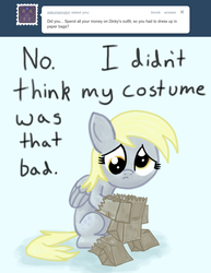 Size: 770x1000 | Tagged: safe, derpy hooves, pegasus, pony, ask a mailmare, g4, ask, costume, female, mare, paper bag, paper bag wizard, sad, tumblr