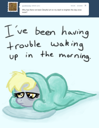 Size: 770x1000 | Tagged: safe, derpy hooves, pegasus, pony, ask a mailmare, g4, ask, bed, female, mare, sad, sleep deprivation, sleepy, tired, tumblr