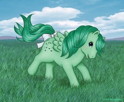 Size: 858x707 | Tagged: safe, artist:moogleymog, medley, pegasus, pony, g1, bow, cloud, female, grass, grass field, mare, open mouth, outdoors, tail, tail bow