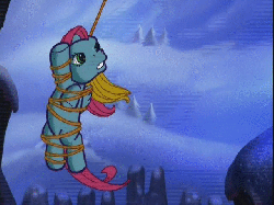 Size: 640x480 | Tagged: safe, screencap, thistle whistle, pegasus, pony, a very minty christmas, g3, animated, bound, cute, danger, female, hanging, mare, rope, solo, swinging, talking, thistlebetes, tied up, winter