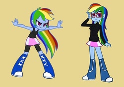 Size: 764x540 | Tagged: safe, artist:khuzang, rainbow dash, human, equestria girls, g4, boots, clothes, female, glasses, humanized, nerd, rainbow dash always dresses in style, rainbow dork, skirt, solo