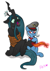 Size: 509x717 | Tagged: dead source, safe, artist:fr-13, artist:rgevskiy, queen chrysalis, trixie, changeling, pony, unicorn, g4, alicorn amulet, crying, feather, female, hoof tickling, hooves, kathleen barr, laughing, mare, punish the villain, rope, simple background, tickle torture, tickling, tied up, transparent background, voice actor joke