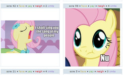 Size: 530x323 | Tagged: safe, fluttershy, g4, clothes, dress, exploitable meme, gala dress, juxtaposition, juxtaposition win, singing