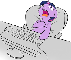 Size: 1603x1346 | Tagged: safe, artist:jpringboldin, twilight sparkle, pony, unicorn, g4, belly, computer, drool, female, floppy ears, frown, heart attack, hnnng, mare, open mouth, reaction image, real heart attack, simple background, solo, unicorn twilight, uvula, white background