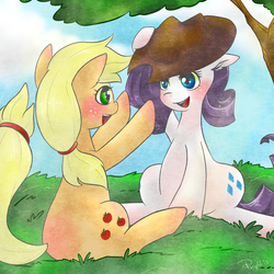 Size: 1000x1000 | Tagged: safe, artist:phyllismi, applejack, rarity, g4, accessory swap, female, lesbian, ship:rarijack, shipping