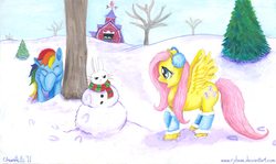 Size: 1304x778 | Tagged: safe, artist:rjdaae, angel bunny, fluttershy, rainbow dash, g4, clothes, earmuffs, eyes closed, outdoors, pet, scarf, snow, snowman, sweet apple acres, traditional art, tree, trio