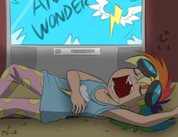 Size: 1280x989 | Tagged: safe, artist:allosaurus, artist:megasweet, rainbow dash, human, g4, child, drool, female, goggles, humanized, shiny, sleeping, snoring, solo, television, wonderbolts, younger