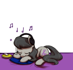 Size: 1280x1220 | Tagged: safe, artist:esuka, octavia melody, earth pony, pony, g4, female, headphones, simple background, sleeping, solo